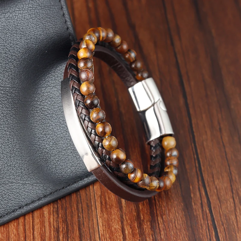 Men Bracelet Classic Stainless Steel Beaded Multi-Layer Leather Braided Rope Bangle For Male Magnetic Clasp Jewelry Gift
