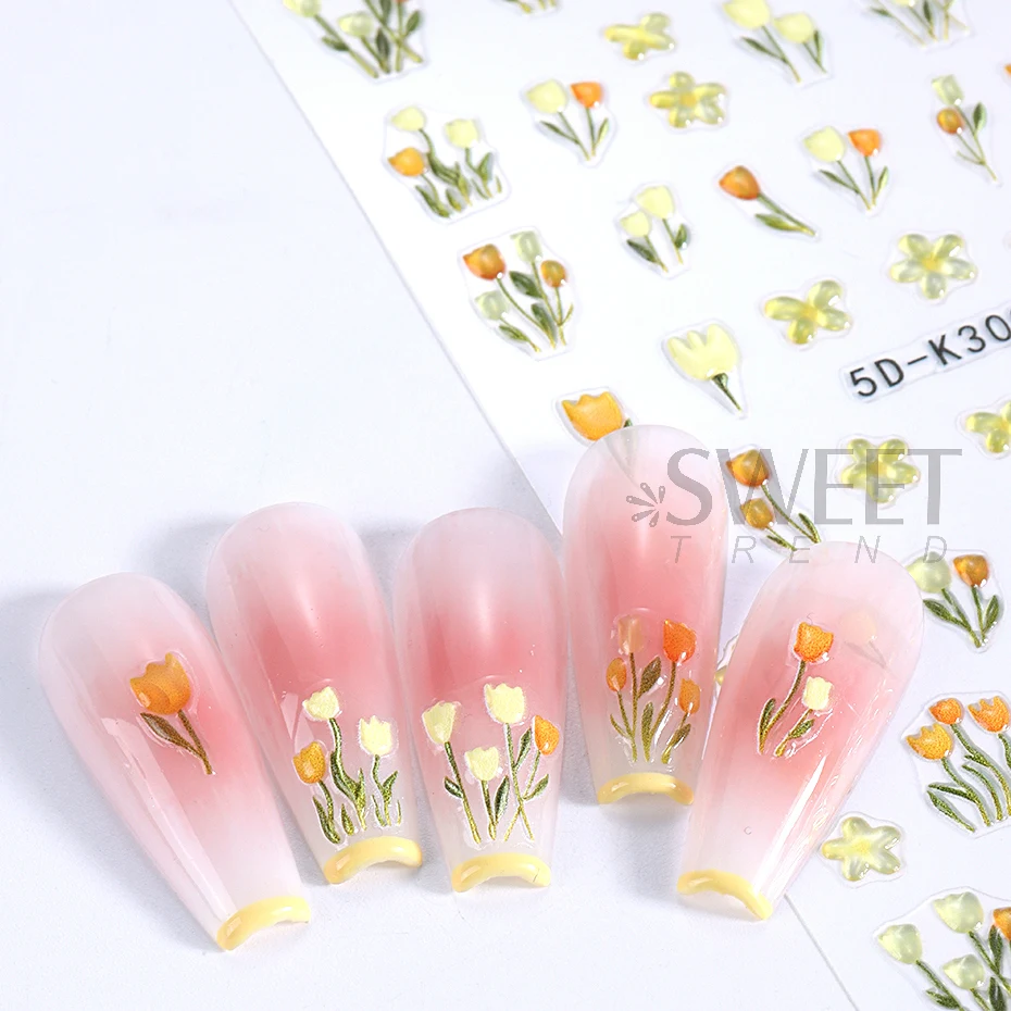 5D Spring Floral Embossed Nail Stickers Yellow Tulip Elegant Flowers Peach Adhesive Sliders Summer Simple Design Manicure Decals