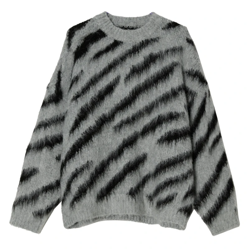 Zebra Stripe Wool Sweater Knit Winter 2023 Men's Clothing Pullover Jumper Vintage Mohair Loose Oversized Women Sweater Knitwears