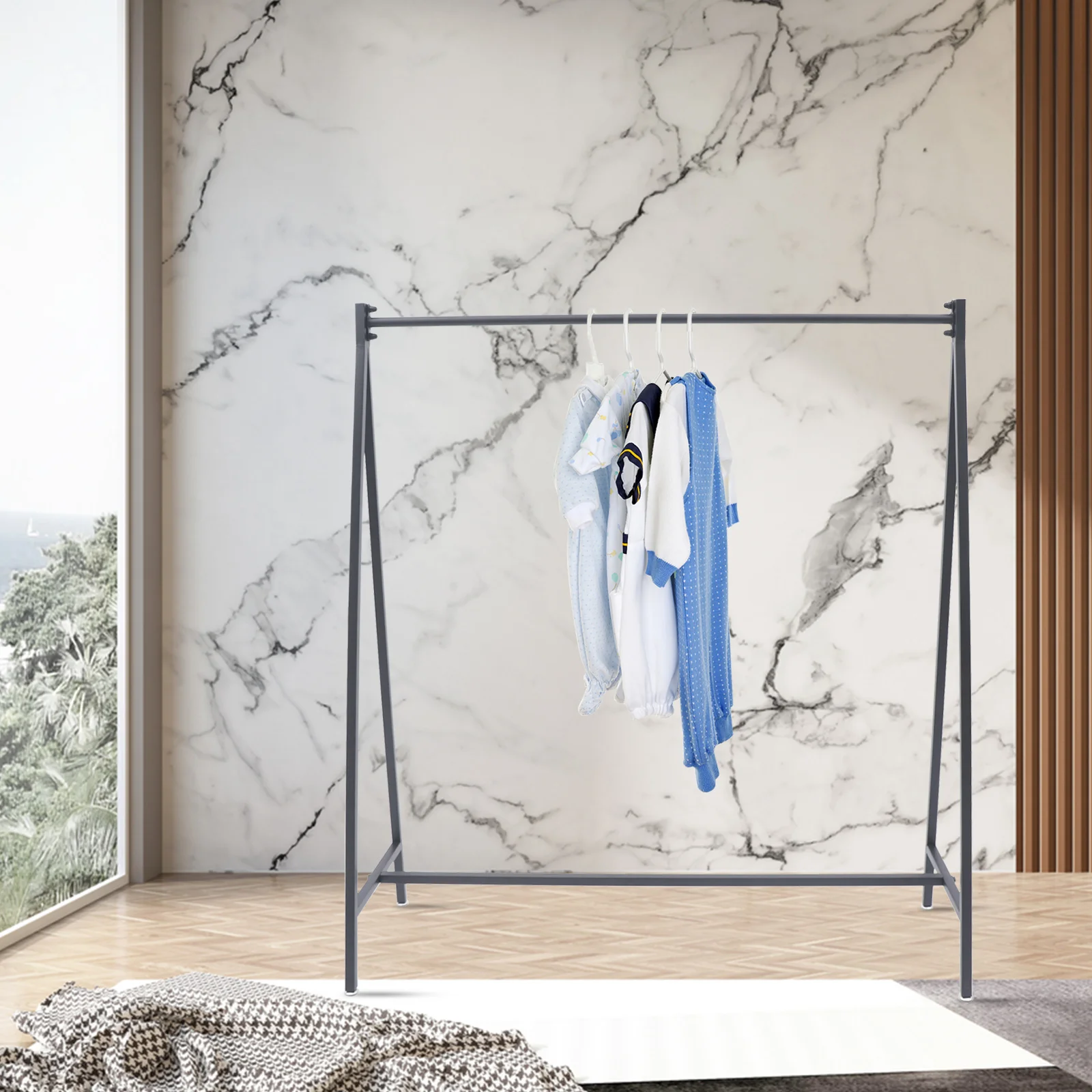 رف ملابس معدني أسود حامل عرض الملابس قائم بذاته 47 بوصة. عرض × 55 بوصة. رف الملابس H لمتاجر الملابس