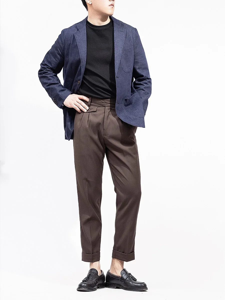 2022Spring and Summer New Classic Gurkha Casual Trousers Coffee Color Slim Straight-leg Nine-point Pants Worsted Fabric 4XL