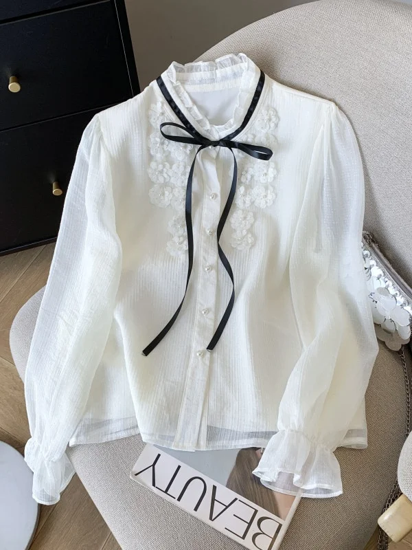 

Блузка из шифона Gentle Breeze с длинными рукавами-фонариками, воротником-стойкой и шалевым воротником, для офиса, женская