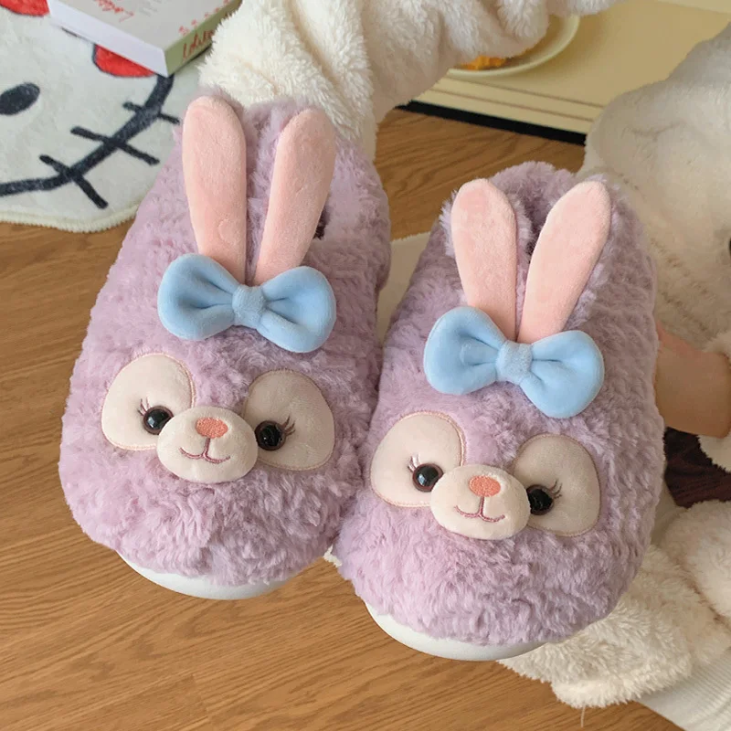 

Lovely rabbit warm slipper with thick fur thick bottom full wrap loafers woman animal pattern slip-on slippers home use