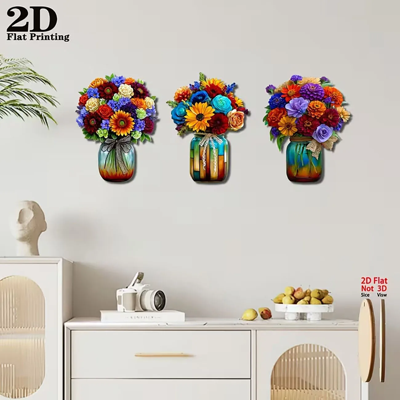 3 Pcs 2D Flat Wooden Vase Flower Wall Decor Colorful Bouquet Mason Jar Wall Art With Nano Tape No Drilling Home Wall
