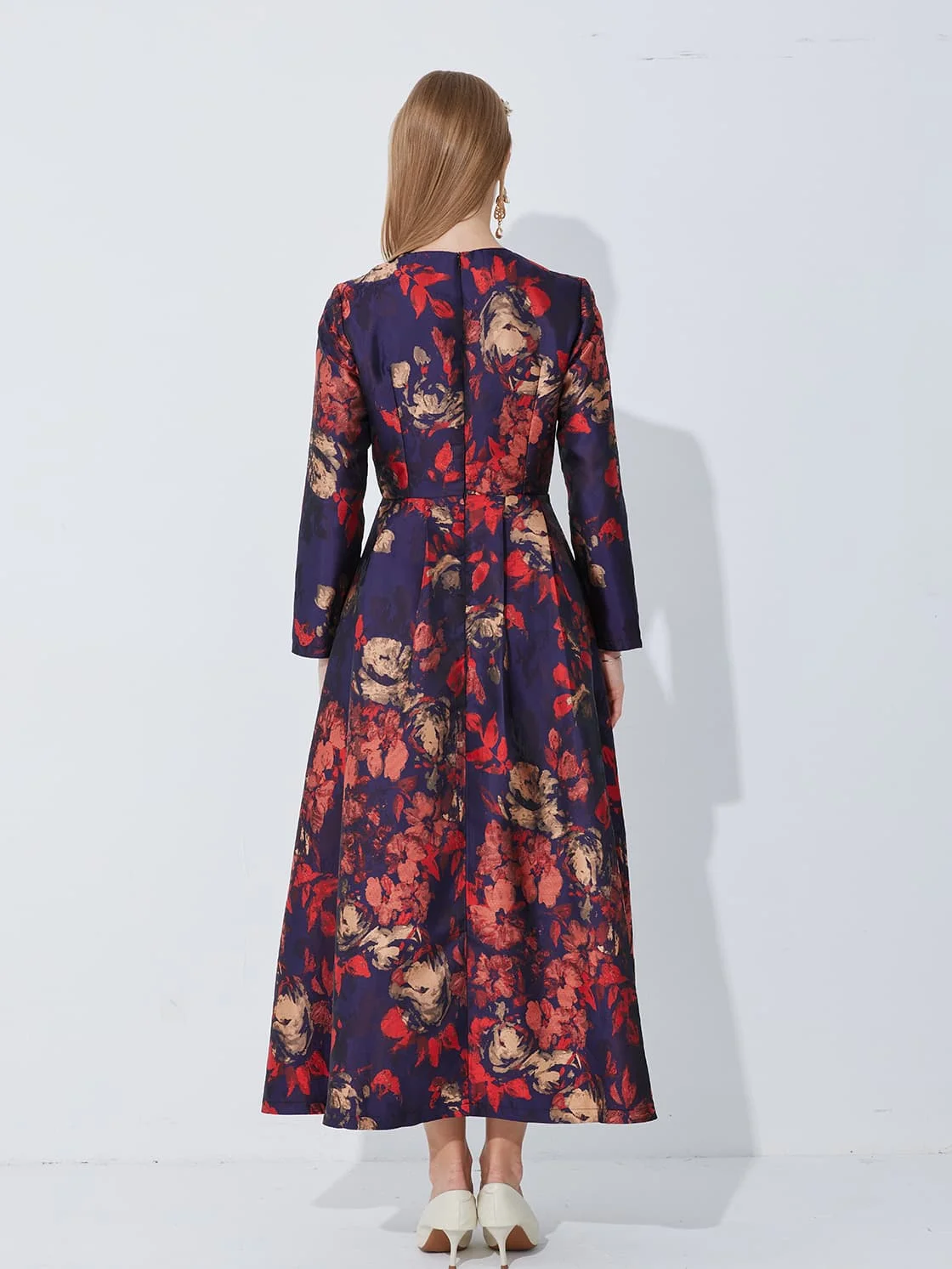 Elegant Women Long Sleeve Maxi Dress Fall Fashion Boho Floral Jacquard Muslim Dress Ladies Vintage Party Clothes