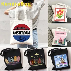 Amsterdam Canal Houses Skyline Landmark Netherlands Windmill Holland Vintage Travel Shopper Harajuku Canvas Tote Bag Eco Handbag