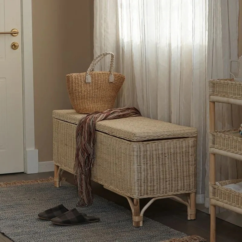 Homestay style rattan home door-to-door shoe change stool Japanese-style rattan bench designer retro bedroom bedside stool