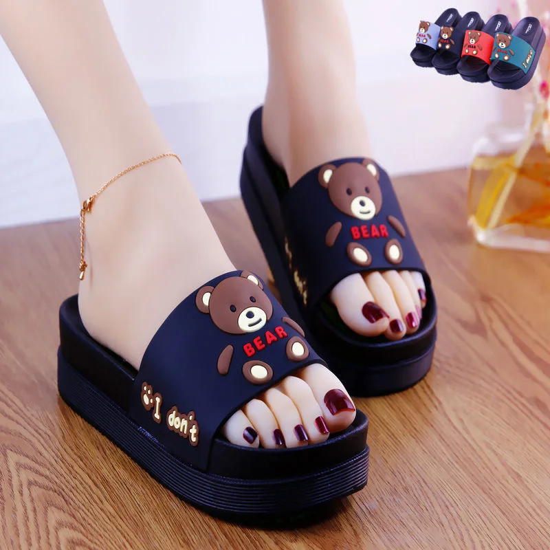 New Summer High-heeled Thick Soled Slippers Women\'s Cute Cartoon Bear Heightening Sandals Shoes Woman Heels Summer Slipper Slide