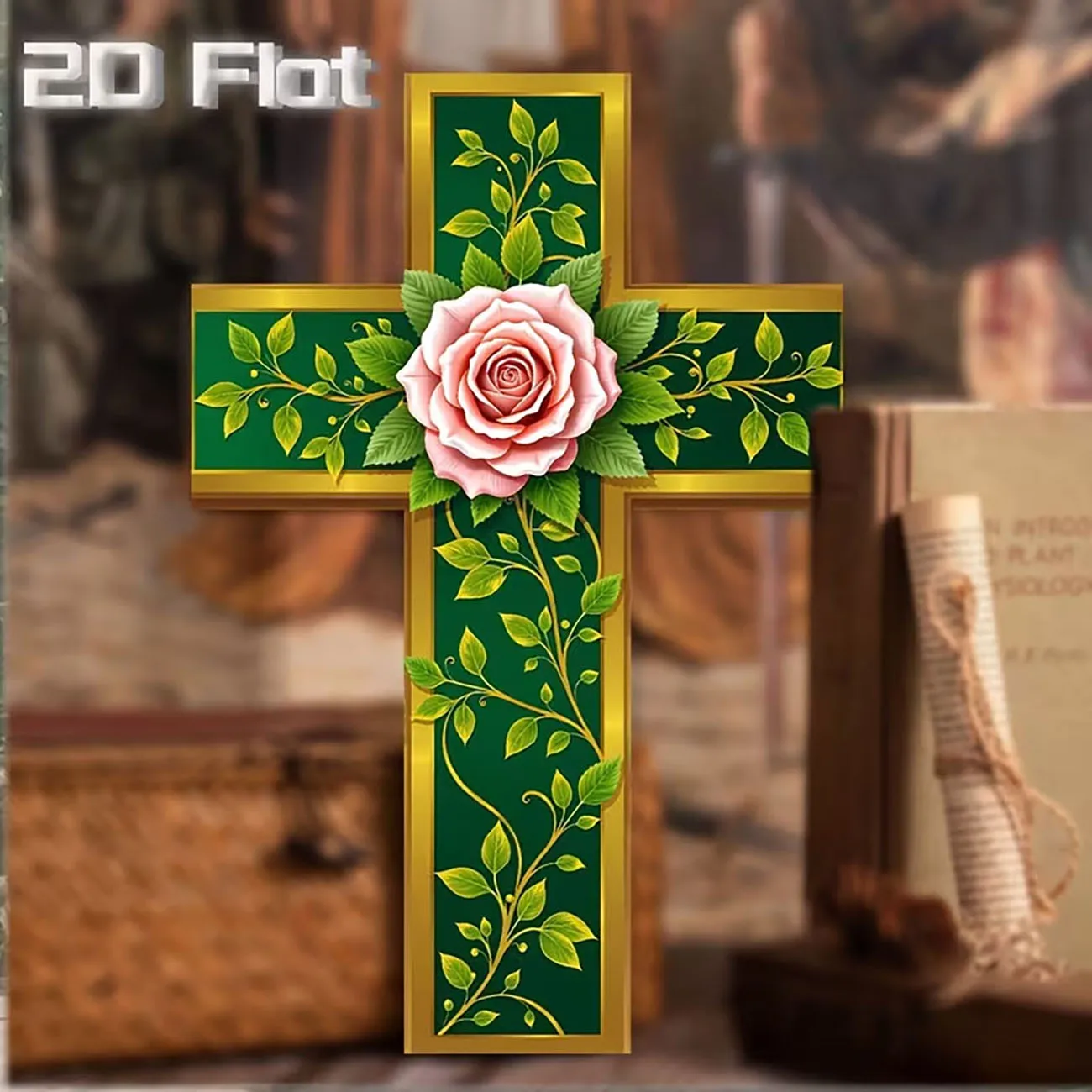 Wooden Cross With Pink Rose Wall Decor 2D Flat Print Wall Art For Home Religious Decoration