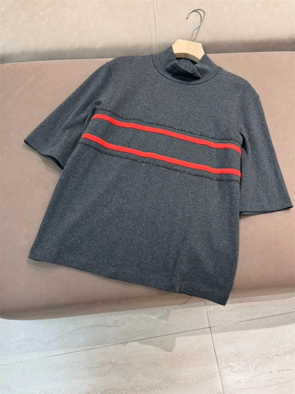 

Bead Chain Women's Striped T-Shirt Spring 2025 Half High Collar Short Sleeve Fashion Loose Tee Tops