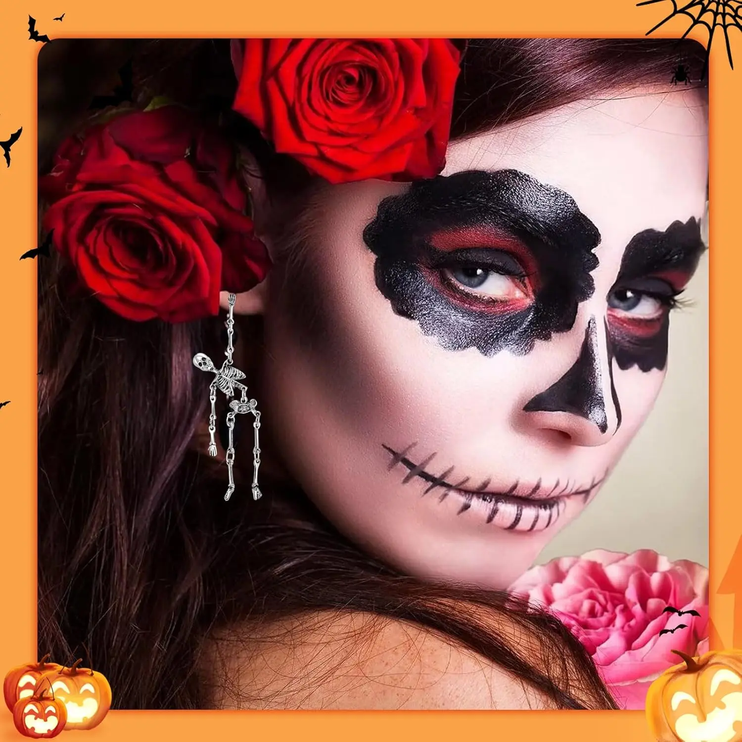 أقراط على شكل جمجمة هيكل عظمي للهالوين للنساء على الطراز القوطي الشرير لمجوهرات الحفلات التنكرية #5