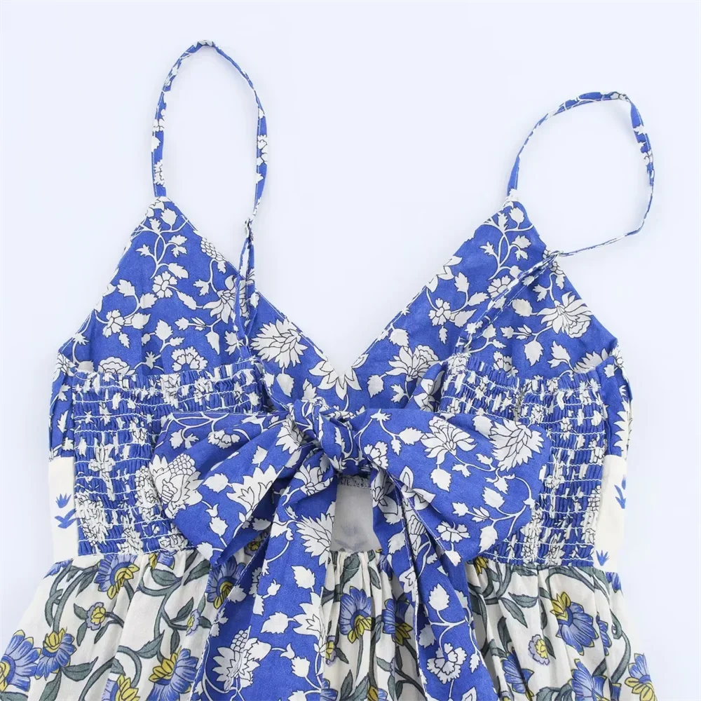 Patchwork impressão em camadas costura profundo decote em v sem costas estilingue vestido floral novas roupas femininas de verão