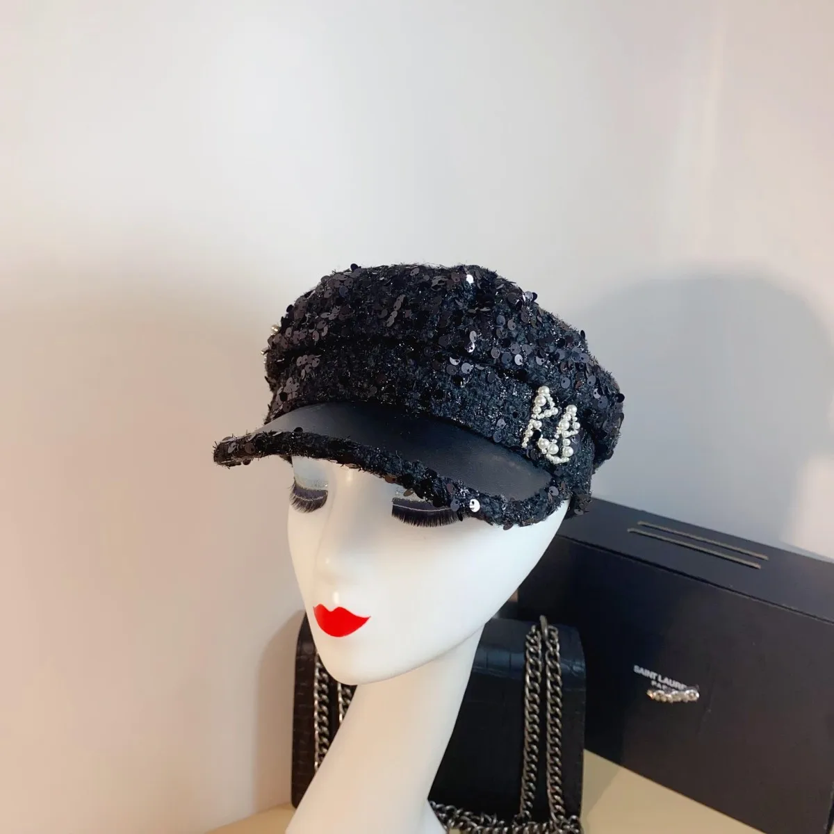 Autumn and winter small fragrant style spliced baseball cap new product coarse woolen sequin pearl chain military cap for women image 3