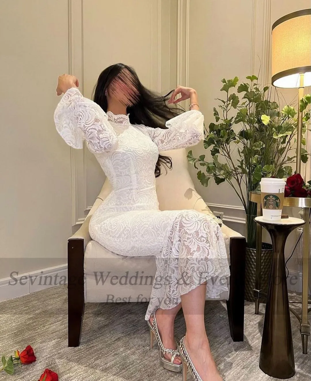 Vestidos de Noche de encaje de sirena blancos personalizados, Arabia Saudita, mangas largas, longitud hasta el té, vestidos formales por debajo de la rodilla para graduación, trajes de fiesta para mujer