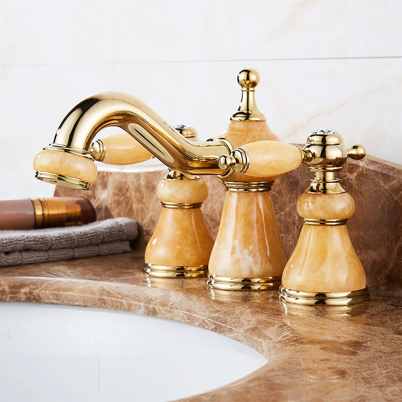 Basin Faucet Bathroom Widespread Sink Faucet Mixer Deck Natural Marble Sink Tap Three Holes Faucet Golden Mixer Tap Faucet