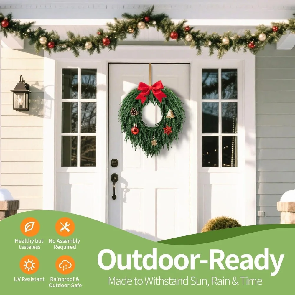 50cm Handmade Holiday Wreath in Norfolk Pine Design for Indoor Outdoor Use Rustic Rural Style Seasonal Front Door Decor