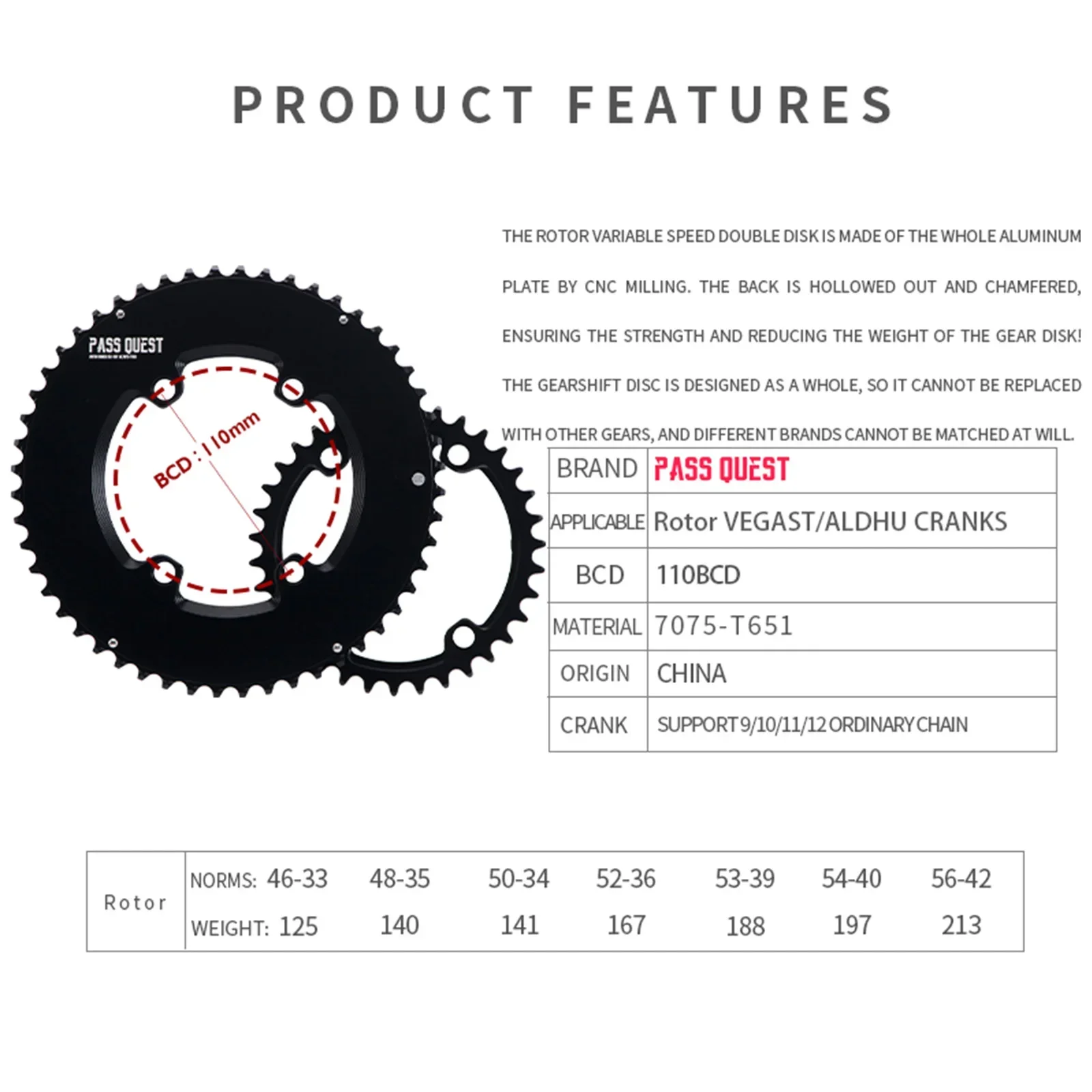 Pass Quest 110bcd 4 Bolts Double Chainring 46T-33T 48T-35T 50T-34T 52T-36T 53T-39T 54T-40T Bicycle Sprocket Aluminum Alloy Black