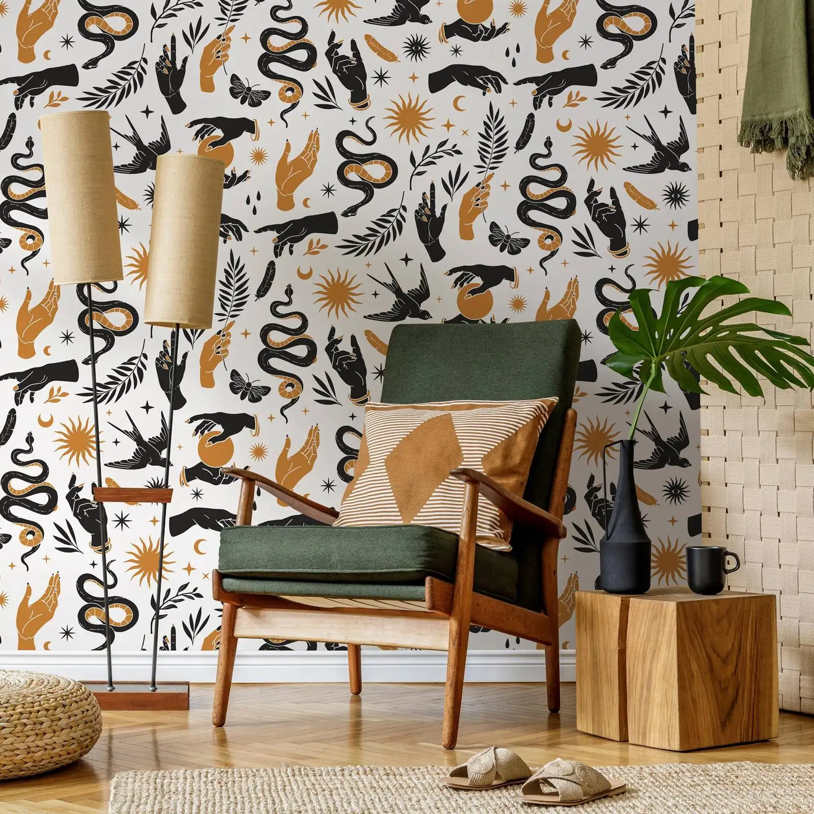 Mystical Wallpaper Peel and Stick,Boho Hand & Snake Print Wall Mural,Celestial Sun Moon Home Decor, Self-adhesive Or Traditional