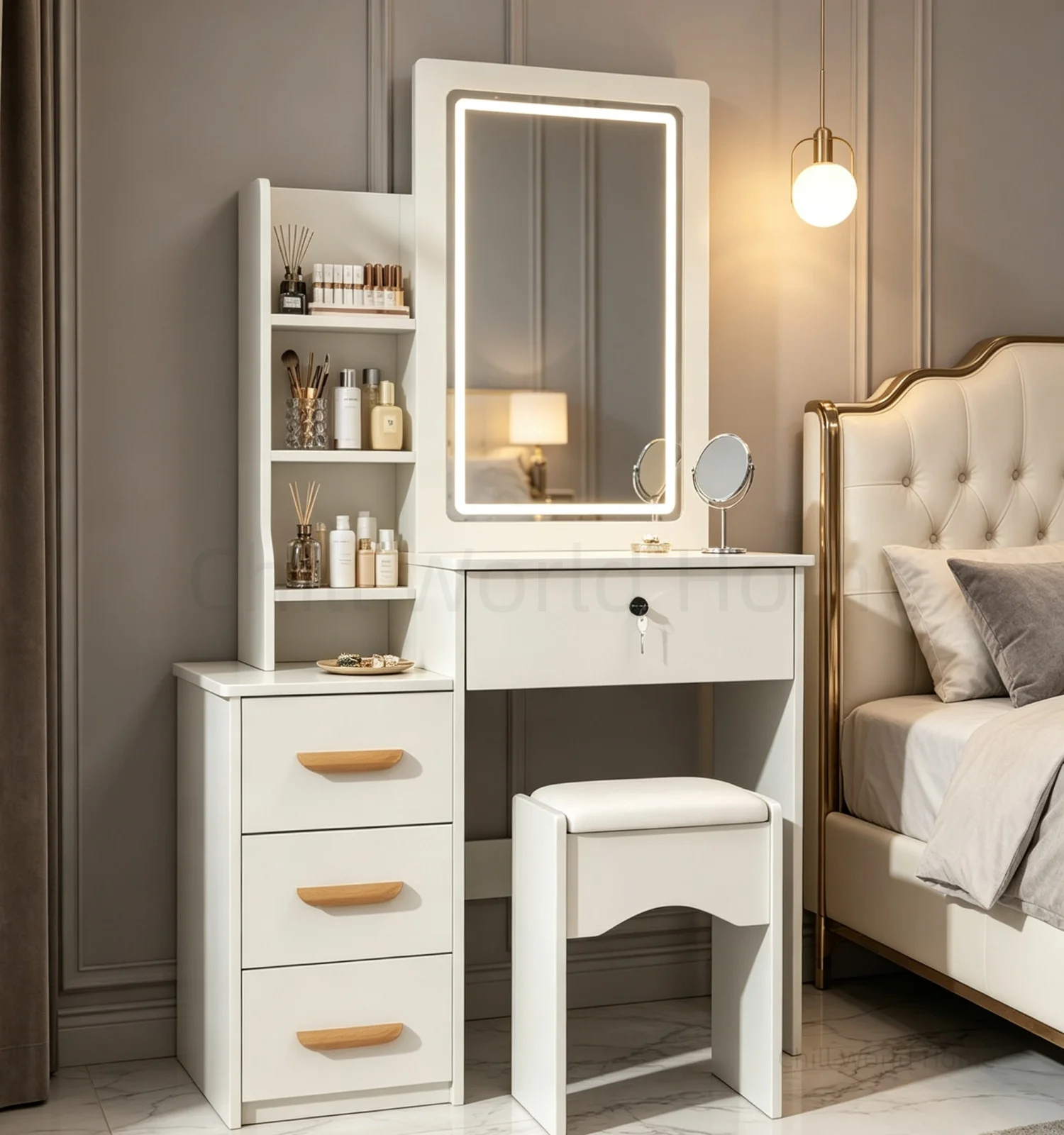 Flip Cover Hidden Mirror Cream Style Dressing Table Set Small Apartment Bedroom Multi-Function Switch Panel Storage Makeup Table
