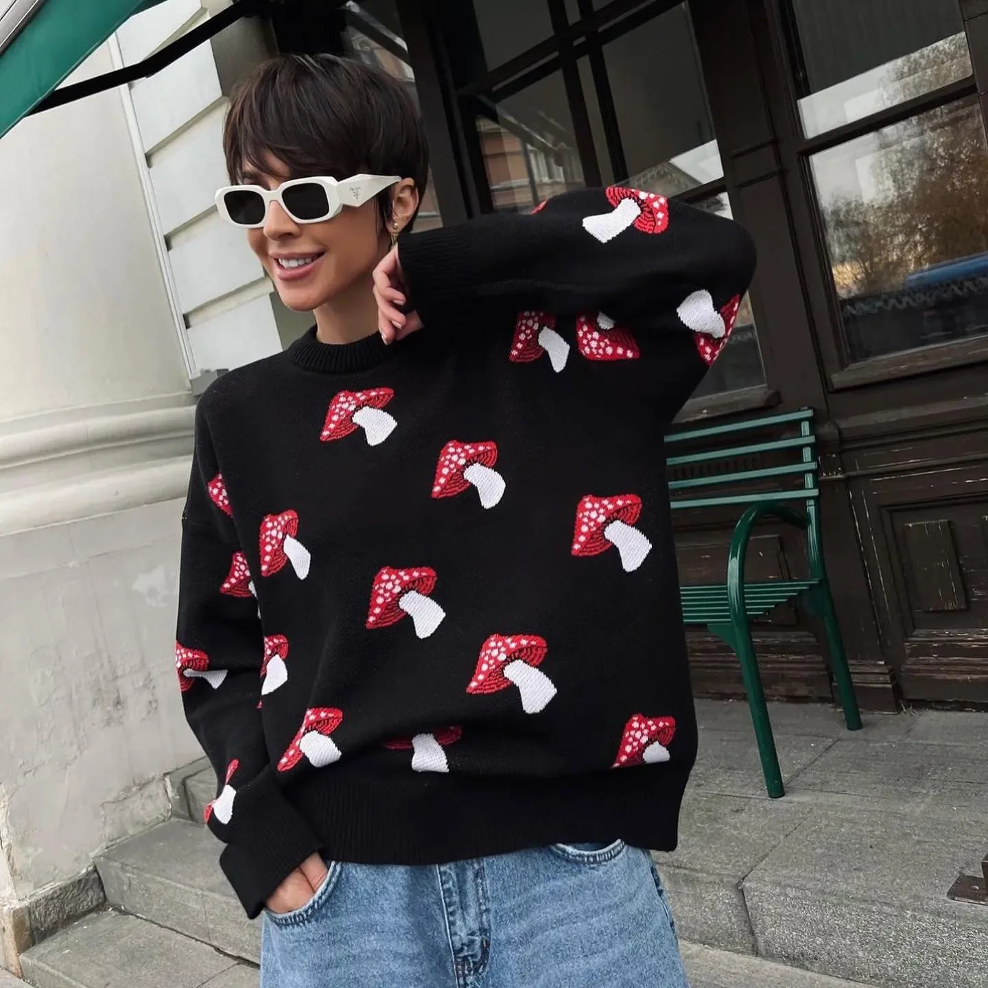 Autumn Fashion Print Knitted Pullovers for Women Loose-fitting Long Sleeve Casual Sweater Warm Christmas Winter Clothing 2023