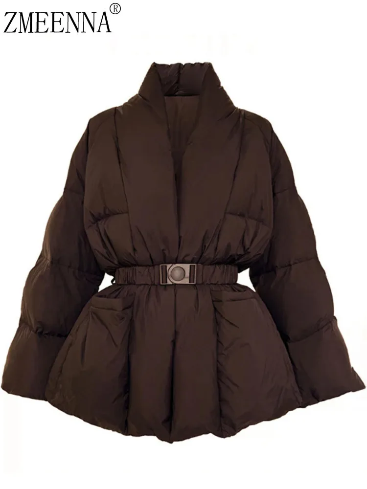 

ZMEENNA женская короткая куртка-пуховик большого размера с высоким воротником-стойкой, пальто с широкой пряжкой и поясом на талии, зимняя верхняя одежда коричневого цвета ZM4503