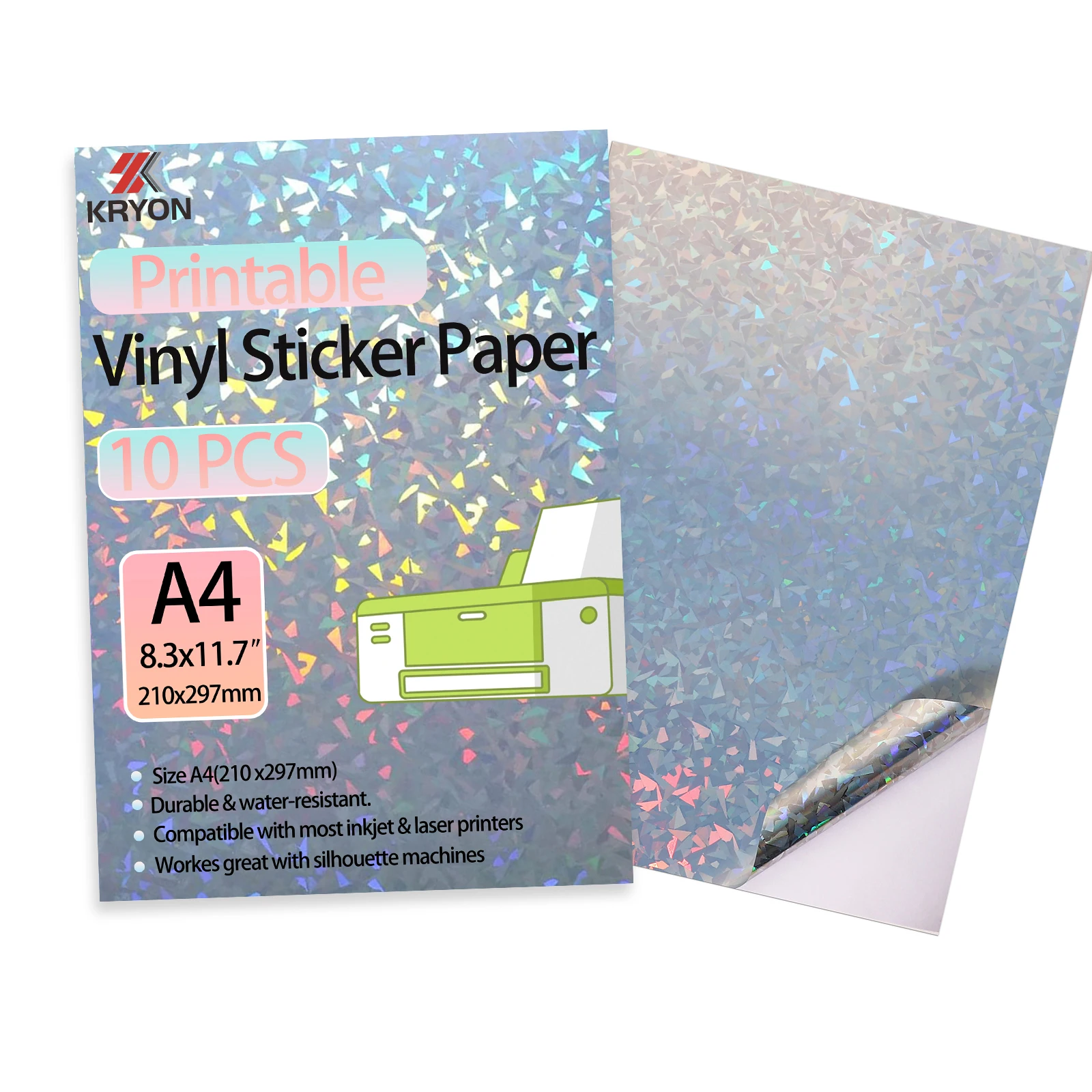 A4 Size:8.3×11.7 inch 10 Sheets Holographic Sticker Paper for Inkjet & Laser Printer Waterproof Clear Vinyl Sticker Sheets
