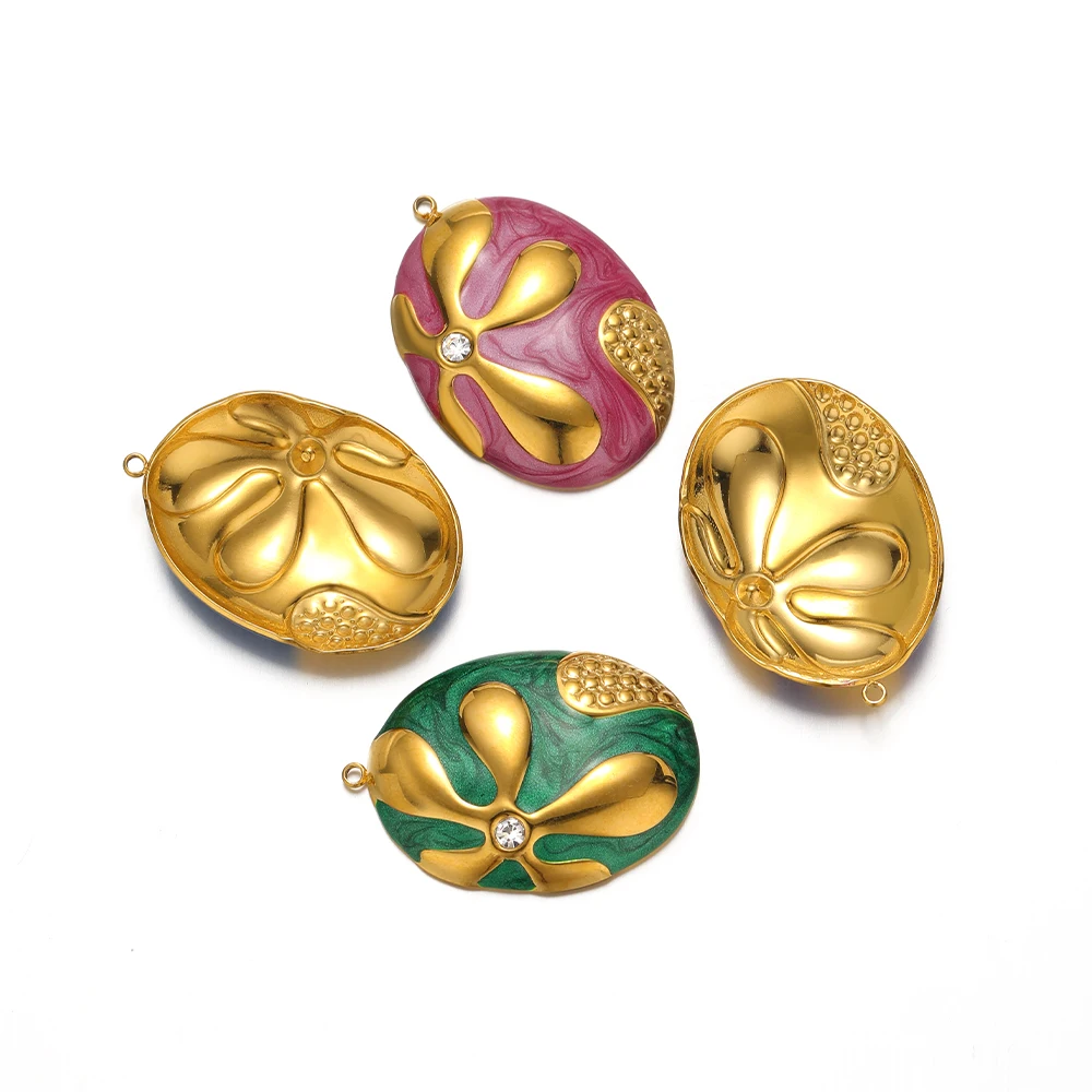 

5Pcs High Quality Stainless Steel Oval Pendants Enamel Flower Charms Bulk DIY Jewelry Findings for Necklaces Bracelet Decoration