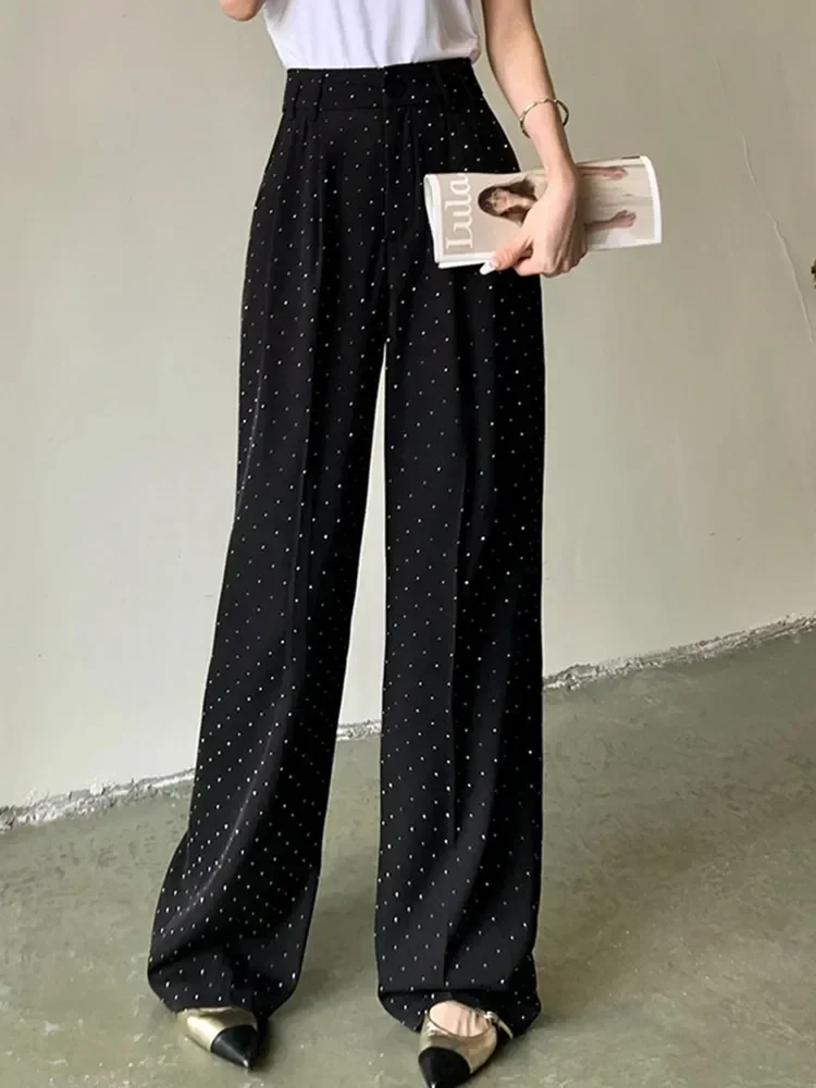 Summer Rhinestone Wide Leg Pants High Waist Draping Feeling Fashionable Popular Straight Tube Floor Dragging Pants Women's Trend