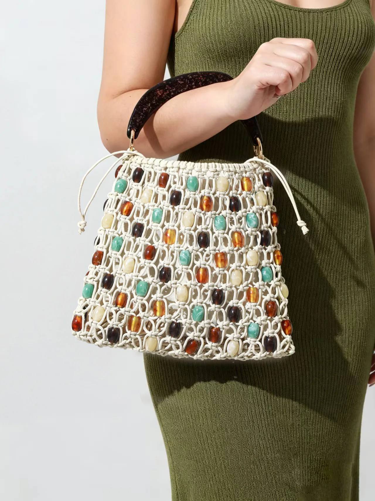 Bohemian Rope Crochet Women Bag Color Beading Beach Bags for Women Handmade Hollow Knitting Handbags and Purses Woven Bag NEW