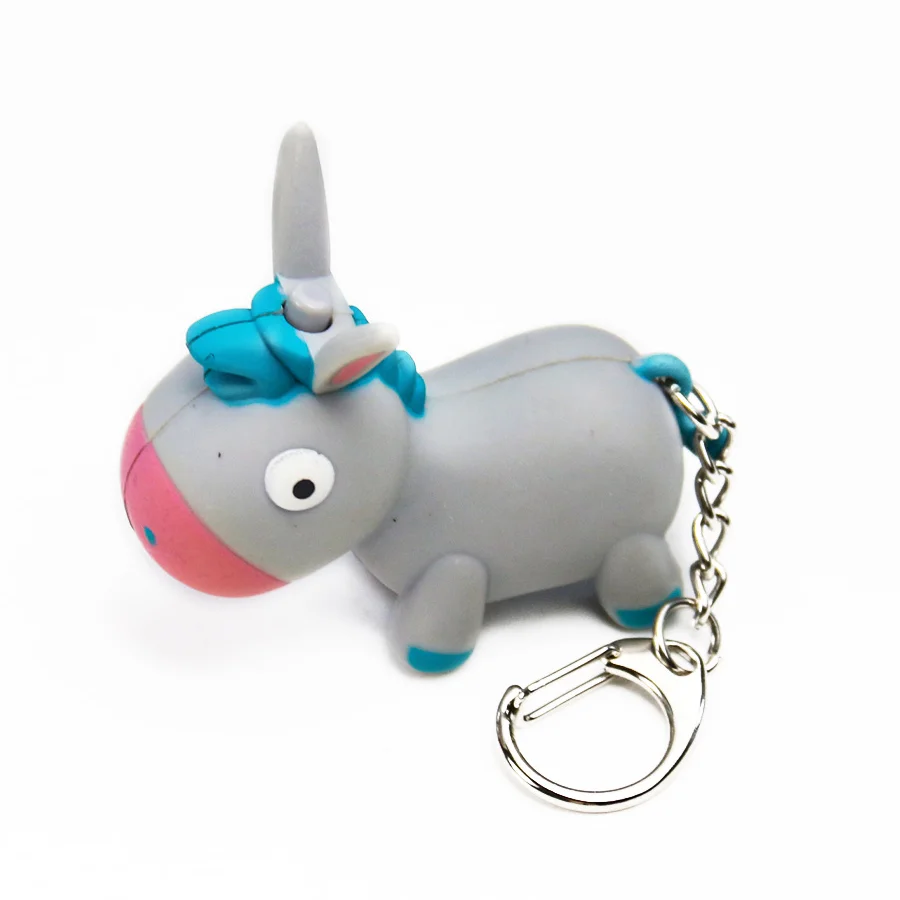 Simulation Cartoon 3D Donkey Keychain LED Light with Sound Glow Keyring Bag Pendant Children Kawaii Figure Toy Promotions Gift