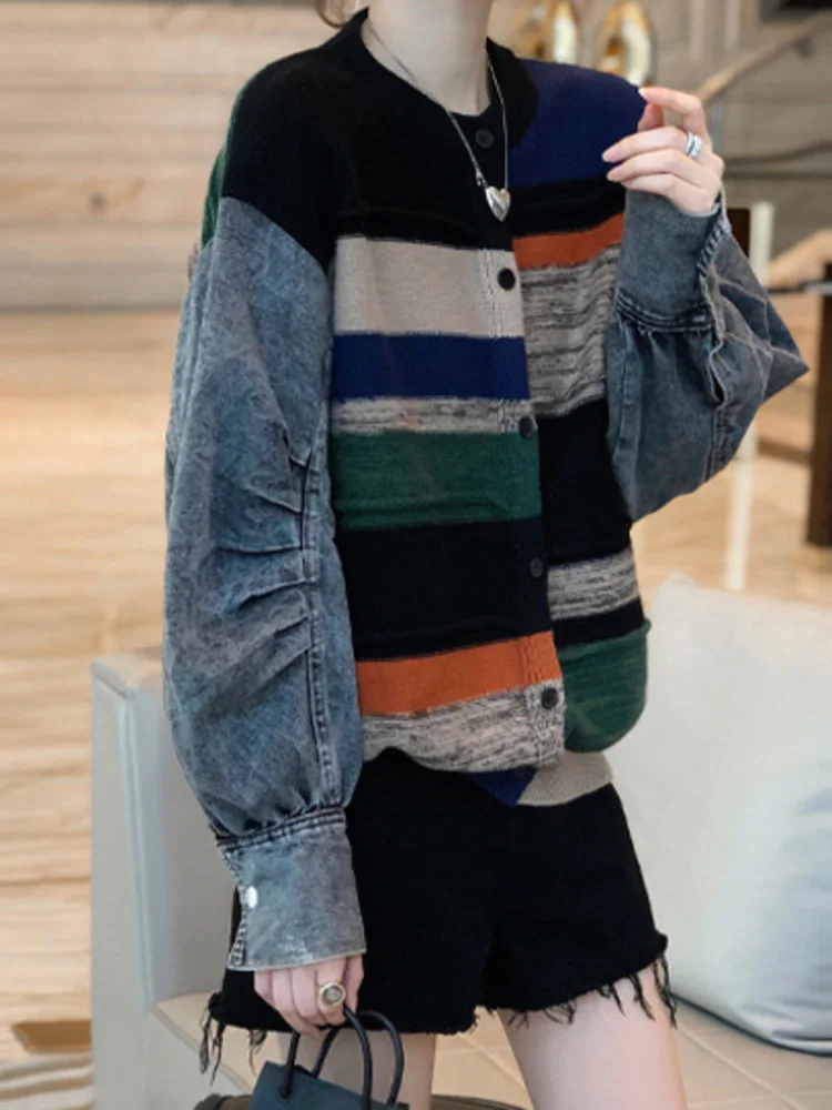 

Vintage Long Sleeve Demin Patchwork Knitting Jacket Outerwear O-Neck Striped Contrast Design Short Coat Winter 2023 Autumn X338