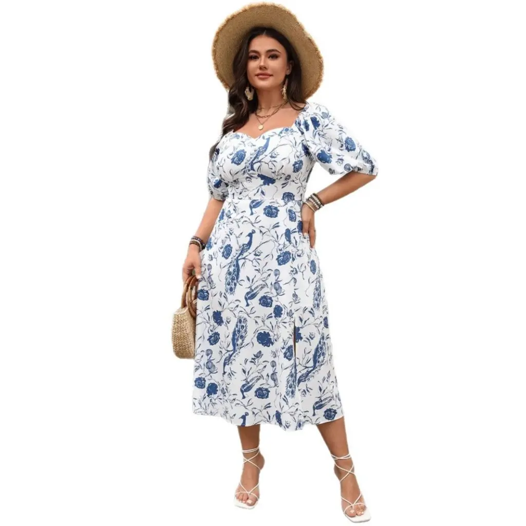 

Women's French Printed Holiday Style Dress Square Collar Skirt Independent Research Design Spring Summer European American