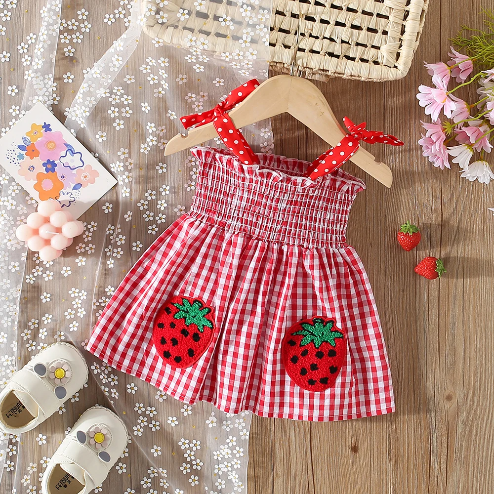 New Summer Dress for Baby Girls Suspender Plaid Strawberry A-Line Dress Sweet Princess Dress (Girls 0-3 years old)