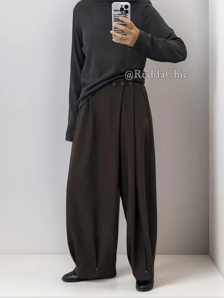 REDDACHiC Button Decor Wide Leg Pants Women Men Brown Solid Pleats Wide Leg Barrel Elastic Waist Long Trousers Office Daily Wear