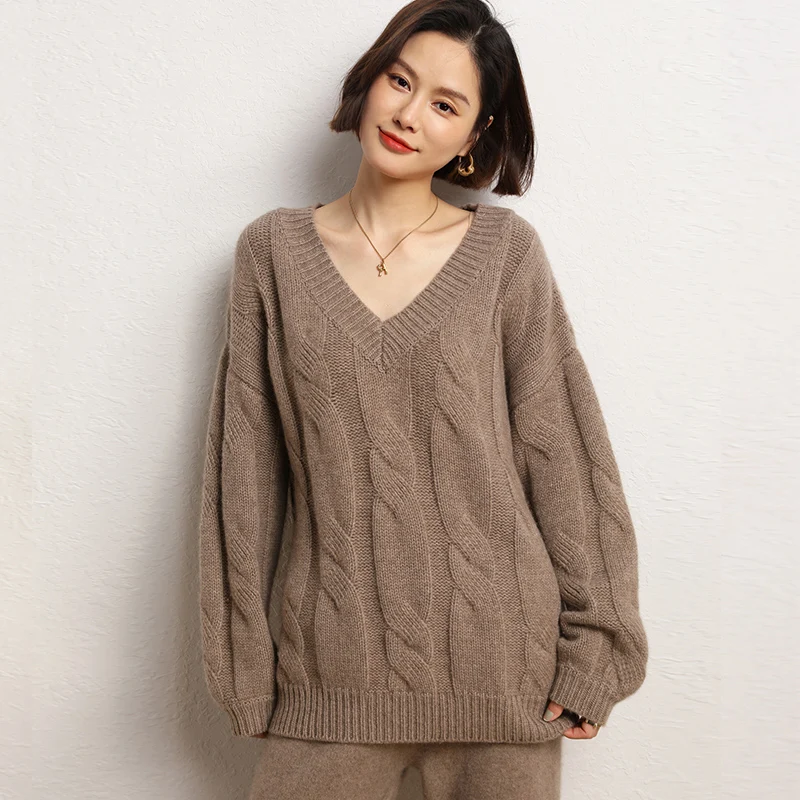 V-neck Thicker Sweater 2023 Winter Knitwears Plus Size Pullovers 100% Pure Cashmere Pullover Loose Women's Clothing SWS01