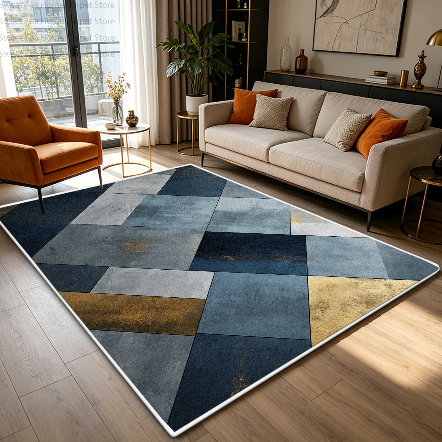 

Скандинавский синий ковер с золотым геометрическим узором для гостиной, декоративный ковер для спальни, моющийся, противоскользящий, большой, мягкий, пушистый, для зоны отдыха, придиванный коврик