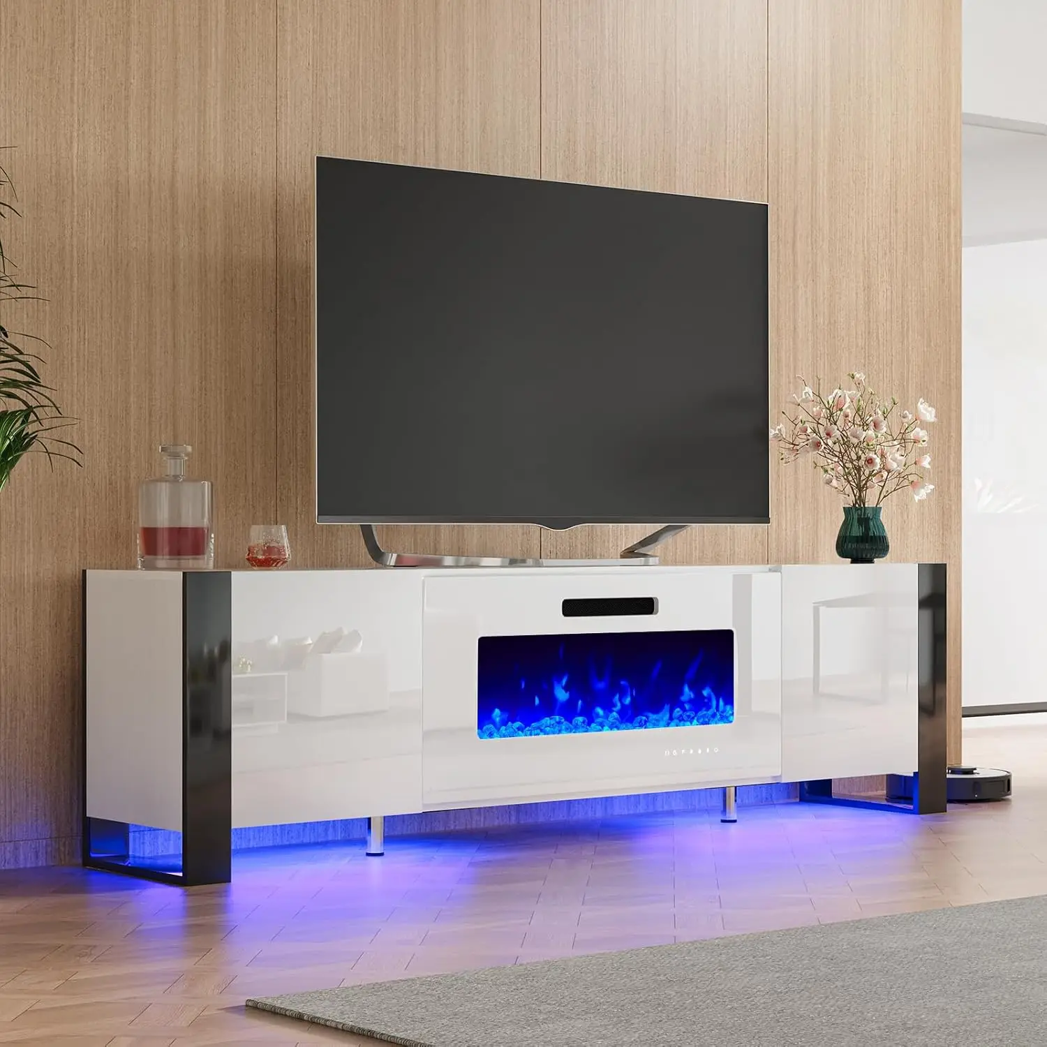 

70" Modern Entertainment Center with High Gloss Doors & LED Lights, U-Shaped Legs TV Console Cabinet for TVs Up to 80",All White