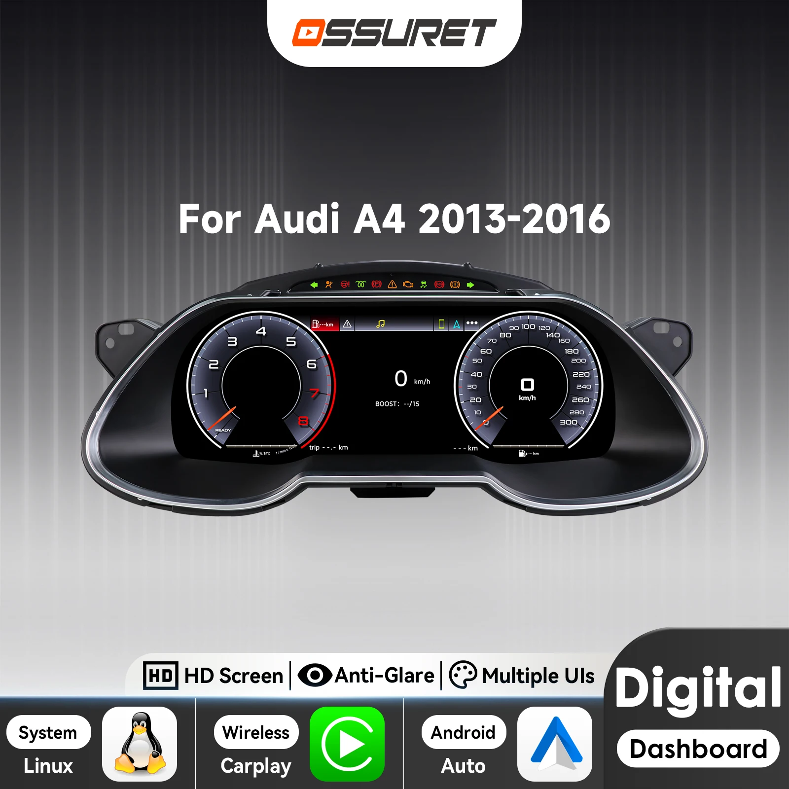 

12.3"Car Digital Instrument Cluster for AUDI A4 2013 - 2016 LCD Dashboard panel Virtual Cockpit Gauge Speedometer Carplay/Auto