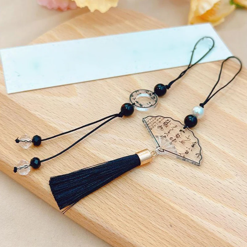 New Chinese Style Ink Calligraphy Butterfly Fan Pendants Mobile Phone Chain Anti Lost Lanyard Vintage Keychain Bag Pendant Gifts