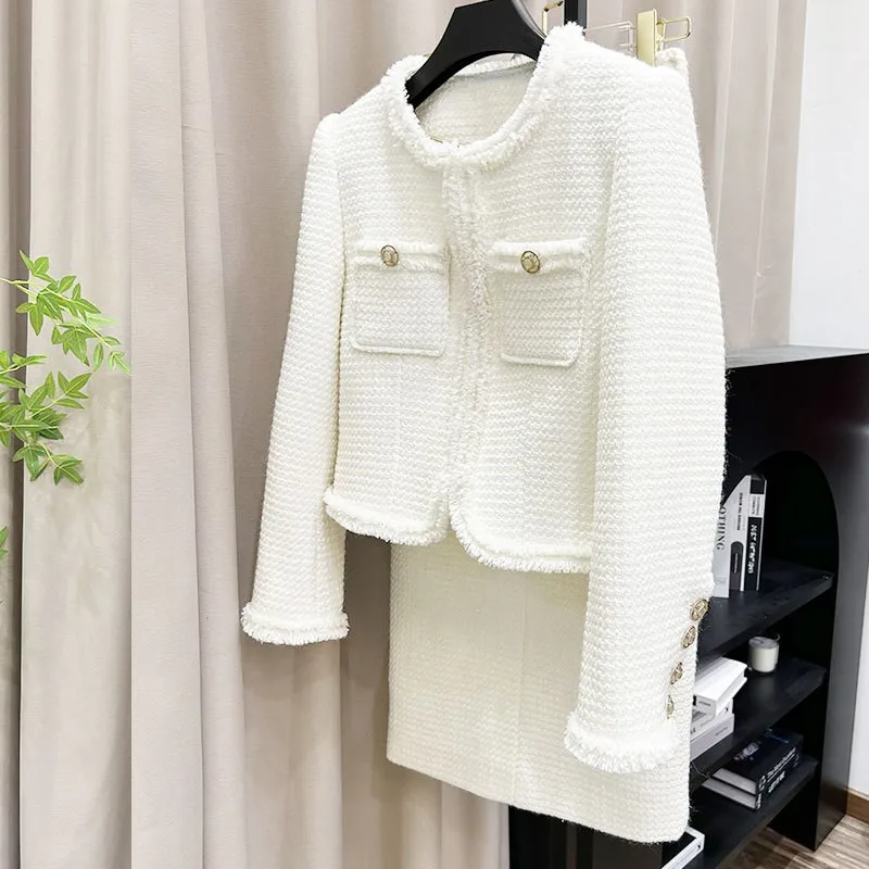 White Professional suit tweed jacket + skirt spring / autumn  women's Coat Business ladies 2 piece skirt sets