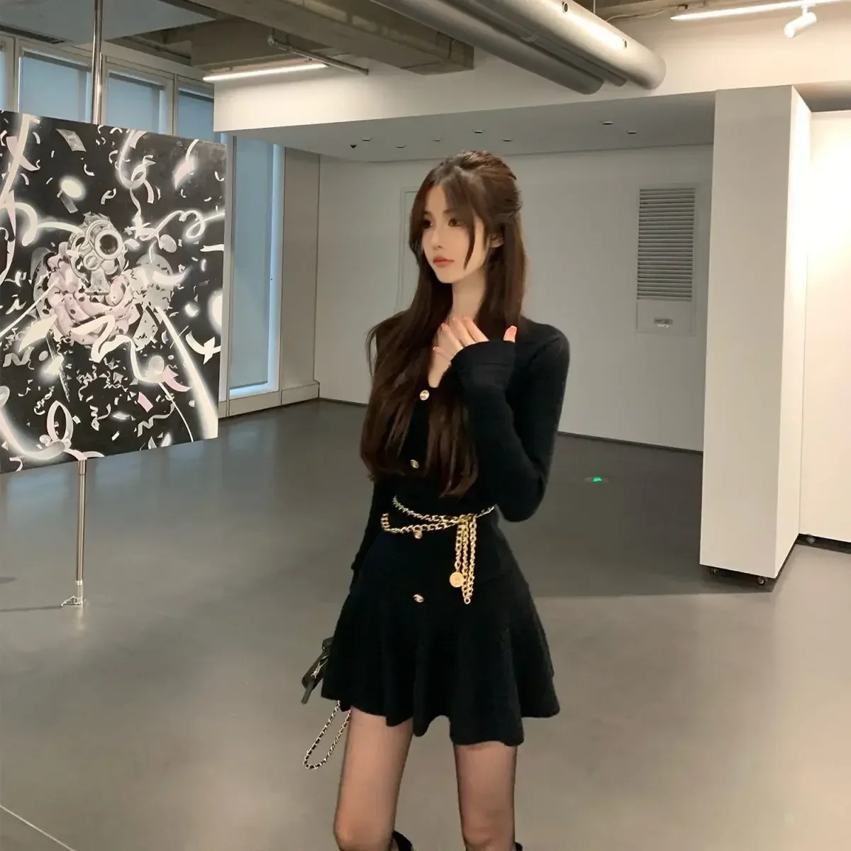 Camisola de malha vestido feminino manga longa corpo fino y2k mini vestido senhora do escritório elegante vestido de uma peça moda coreana 2025 outono