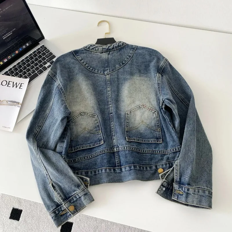 Casaco feminino denim casacos em torno do pescoço y2k streetwear jaquetas curtas trabalho casual solto elegante splice jaqueta 2025 outono inverno