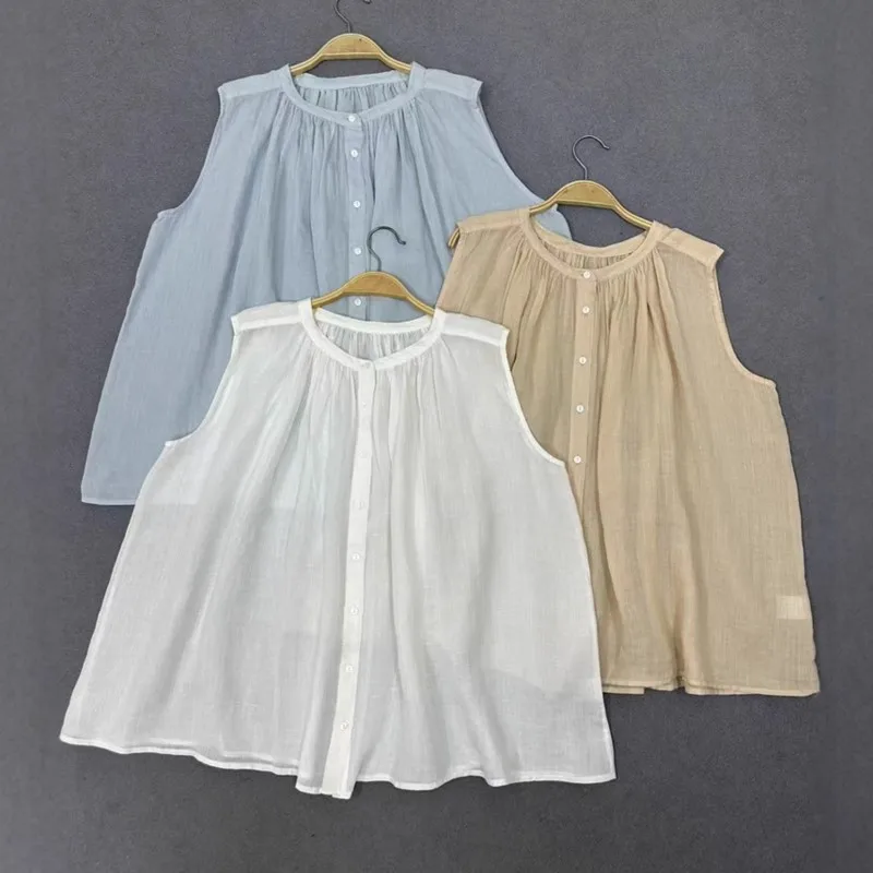 

Johnature New Summer Round Neck Pinch Pleats Sleeveless Loose Comfortable Thin Casual Simple Women Tops