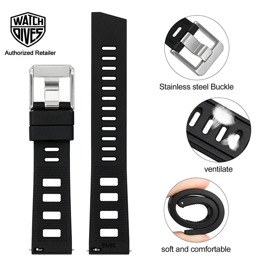 Watchdives 20mm Rubber Strap Quick Replace Watch Band Swimming Diving Strap Sport Watch Bracelet Wristband Belt Smart Watch Band