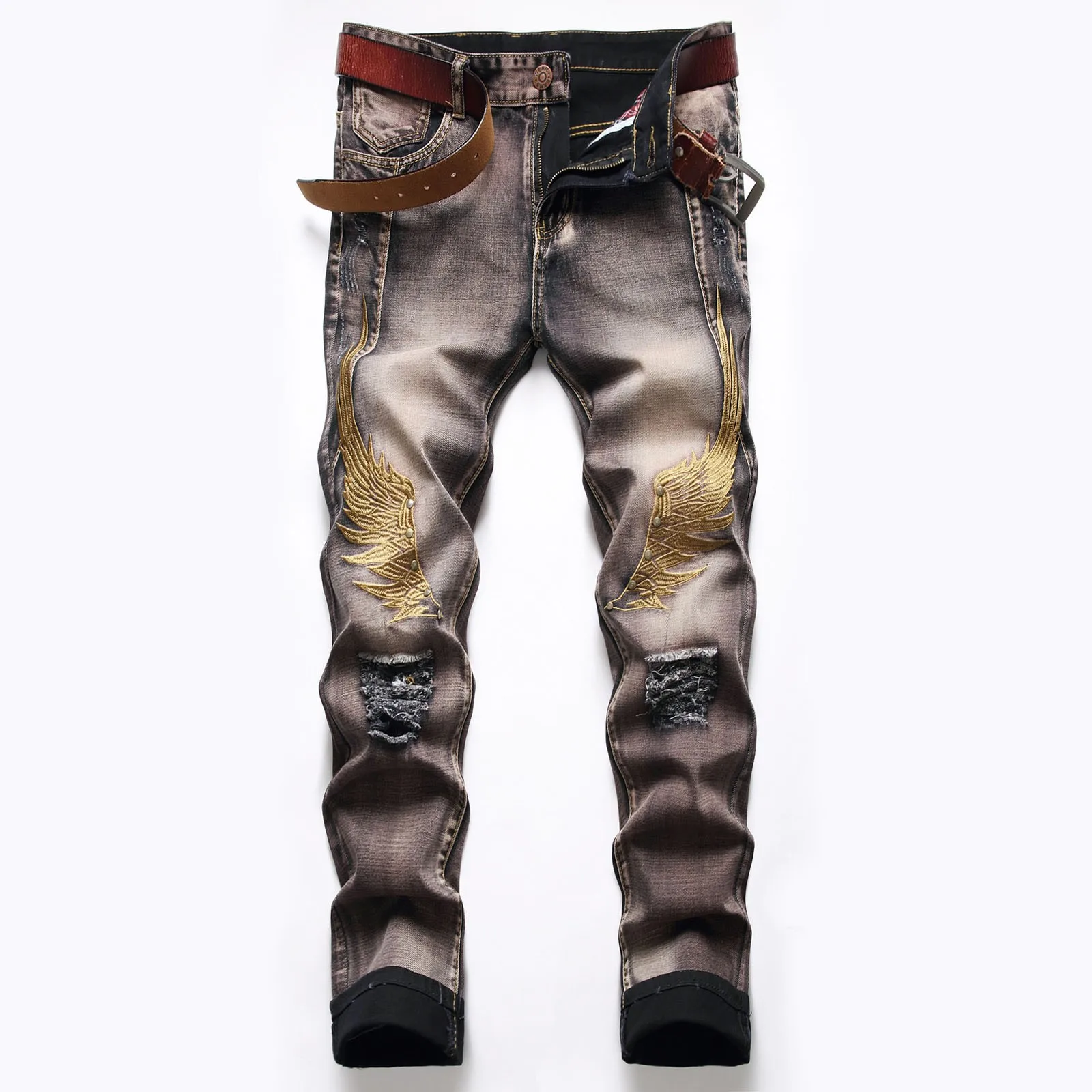 High Street Casual Motorcycle Jeans for Men (without Belt) Badge Distressed Straight-leg Slim-fit Ripped Denim Trousers Male