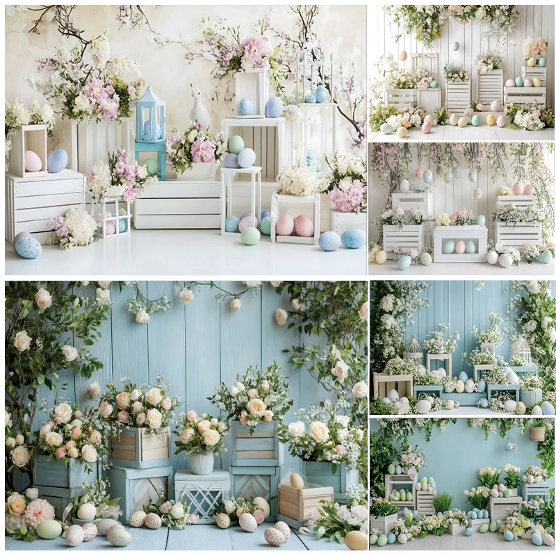 

Spring Easter Photography Background White Blue Wall Green Leaves Flower Egg Birthday Party Backdrop Decor Photo Studio Props