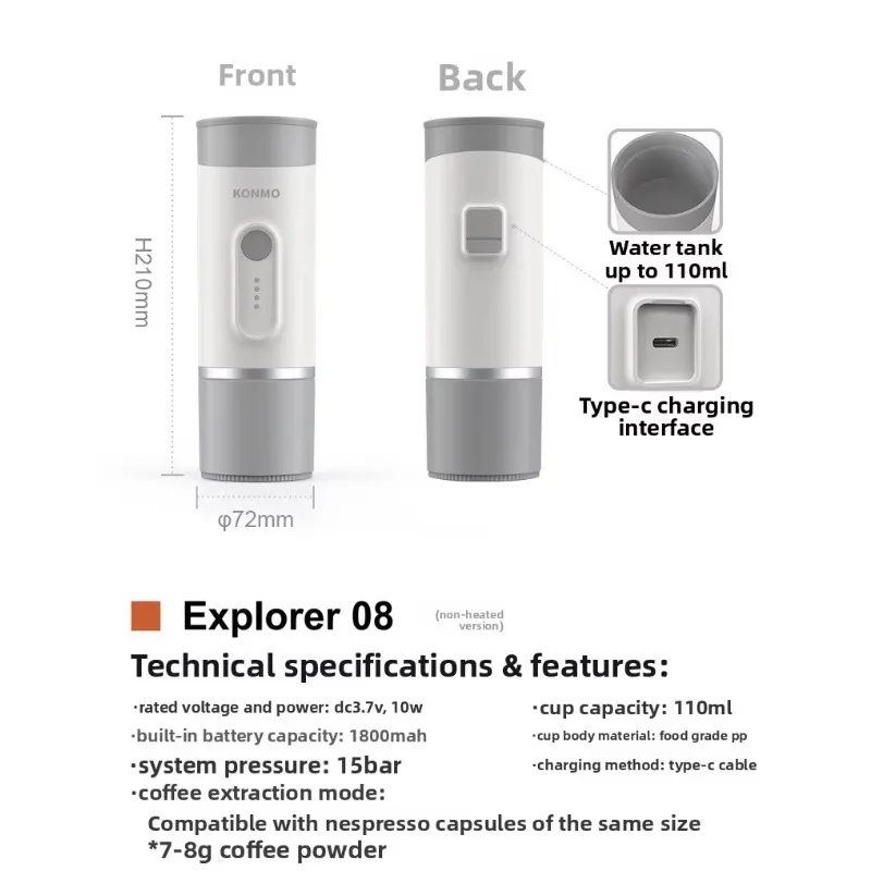 Portable Handheld Capsule Espresso Coffee Machine Battery-Powered Plastic Housing Semi-automatic Brew System for Household Use