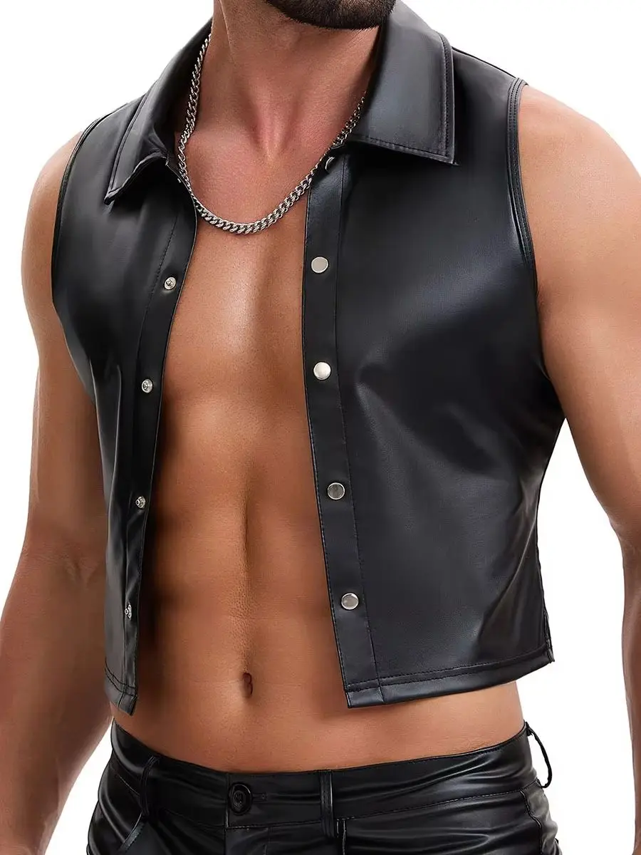 S-7XL Sleeveless Single Breasted Turn Down Collar Shirts Crop Tops Faux PU Leather Waistcoat Tights Tank Top Vest Tanktop Gilet