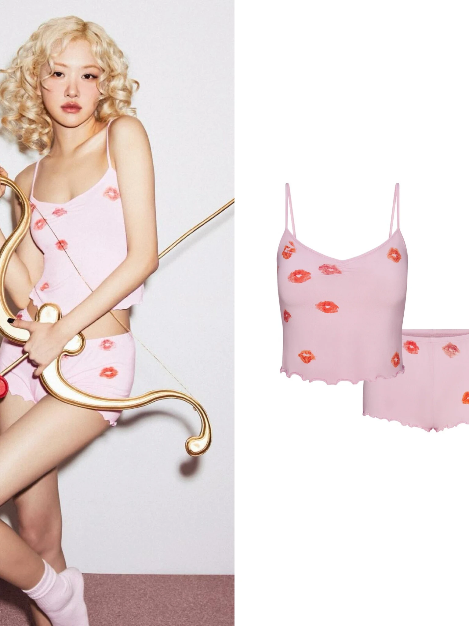 

Kardaian Rose Pink Cherry Blossom Lip Print Ruffle orts Set Women's Faion Spring Cotton Strap Suit Casual Outfit