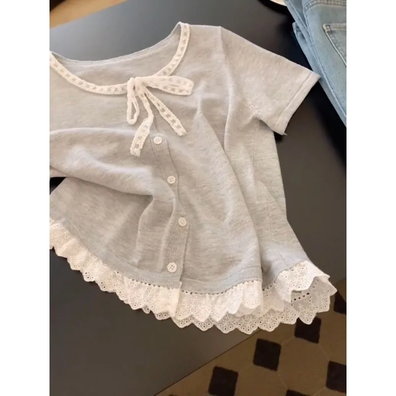 Women Round Neck Lace Bow Decor Short Sleeve T Shirt Button Detail Slim Fit Sweet Short Casual Summer Top